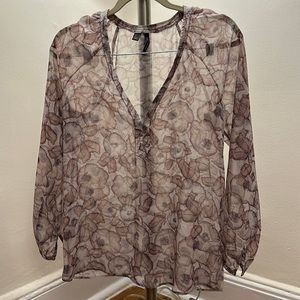 Mango Purple Floral Watercolor Sheer Blouse